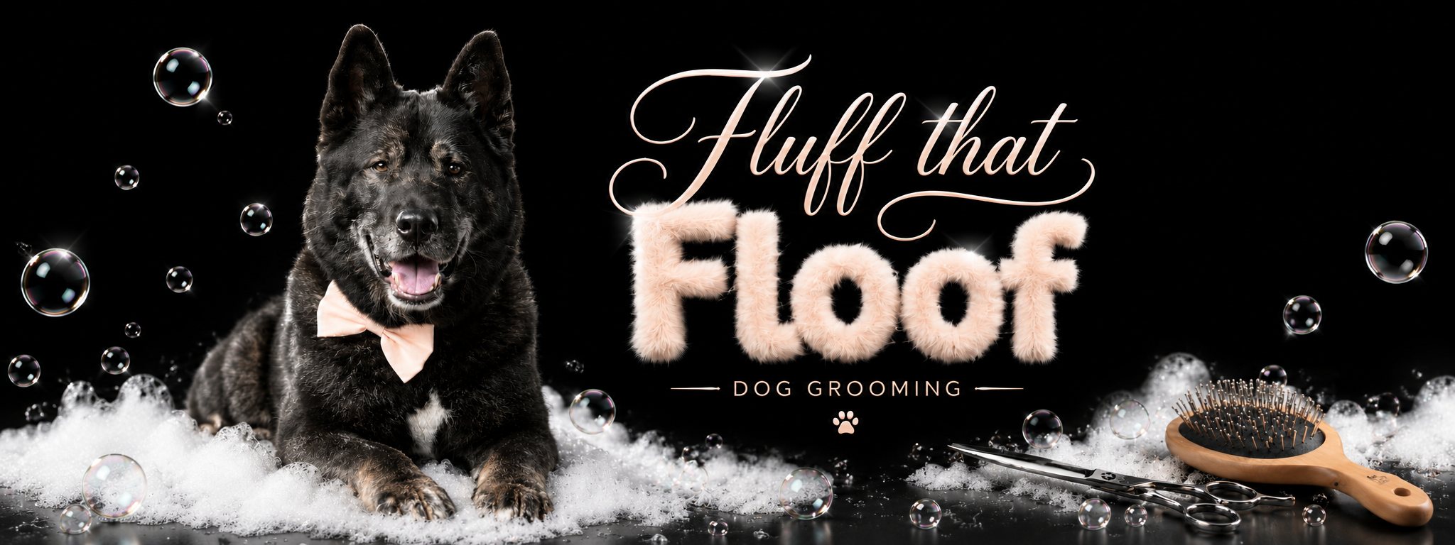 Fluff That Floof dog grooming — a happy black Akita wearing a peach bow tie amid soap bubbles, beside the Fluff That Floof logo and grooming tools